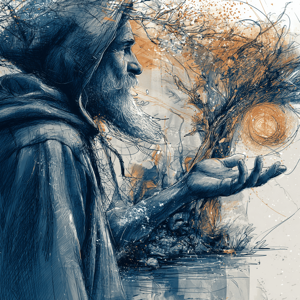 Okładka gry — szkicowa ilustracja: starszy, brodaty mężczyzna w kapturze wyciąga dłoń ku świetlistej kuli, w granatowo-złotej tonacji.
